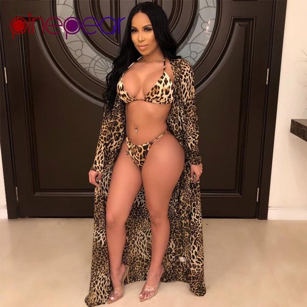 

one-piece suits pinepear leapord print bikini set and cover up 3 piece swimwear 2021 summer women swim bathing suit beach wear drop