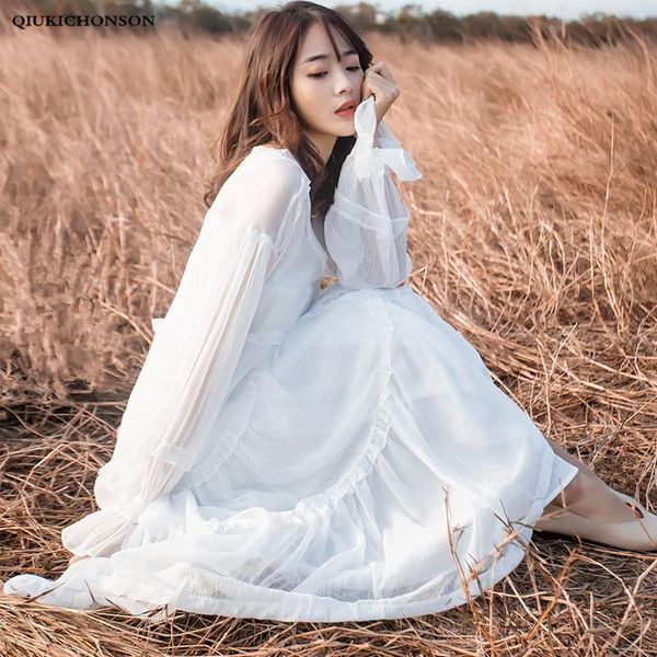 

casual dresses fairy white summer beach dress women princess style cute ladies flare sleeve v-neck ruffle long midi chiffon jurken zomer, Black;gray
