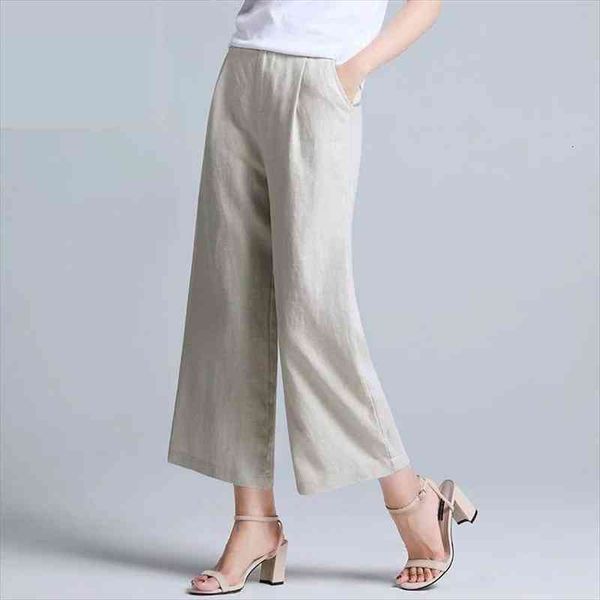 

summer women loose ankle-length pants plus size elastic waist casual wide leg pants solid cotton linen d56, Black;white