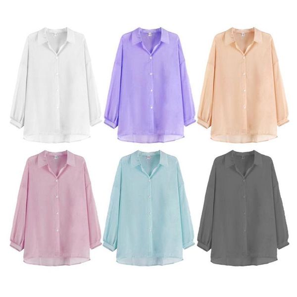 

women blouse loose see-through comfortable shirt beach sunscreen female long leisure sleeve chiffon shirts oversiz r5t0 women's t-s, White