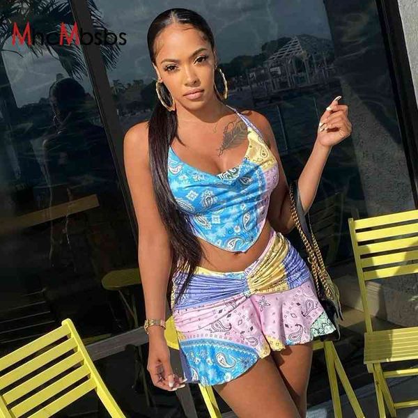 

two piece dress 2 sets women print summer halter cowls neck crop backless camis ruched ruffles mini skirt beach vacation, White