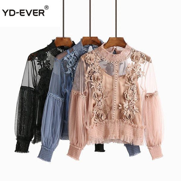 

yd-ever 2021 spring autumn women fashion sheer lace blouse lantern sleeve floral shirt elegant blusas femininas women's blouse, White