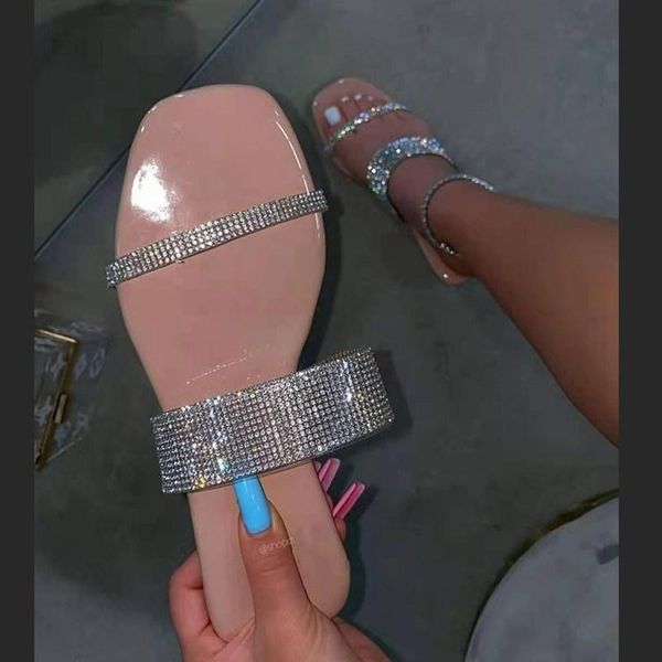 

summer shoes for women 2021 women's flip flops rhinestone flat round head comfortable slippers tenis feminino, Black