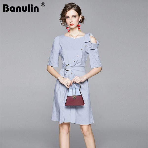 

summer runway designer blue shirt dress women's half sleeve single breasted solid office work wear short with belt 210603, Black;gray