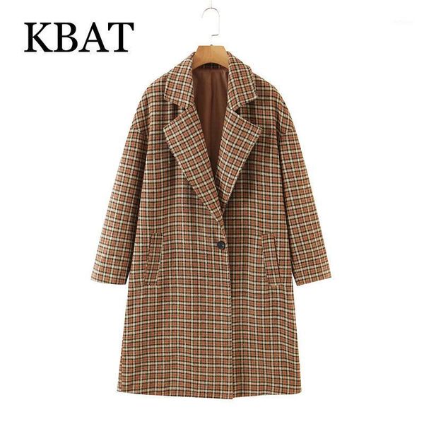 

women's wool & blends kbat women 2021 winter thick plaid coats retro loose warm long sleeves pocket ladies elegant overcoat, Black