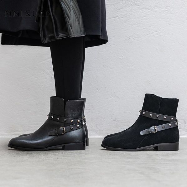 

boots mnixuan handmade fashion winter ankle for women 2021 genuine leather block heel shoes low rivet motorcycle, Black