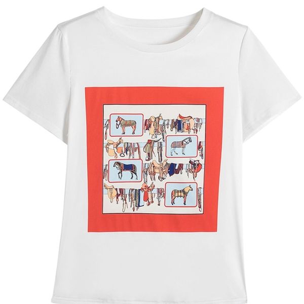 

summer short sleeve print patchwork satin t-shirt o-neck women's plus size tshirt women 210507, White