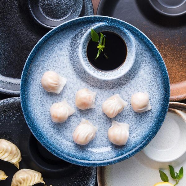 

dishes & plates ceramic dumpling dinner plate round serving dish practical service with dipping saucer (blue)