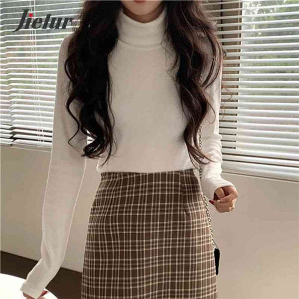 

basic turtleneck t-shirts women long-sleeved slim pure color t-shirt base shirt female hipster lady spring 210426, White