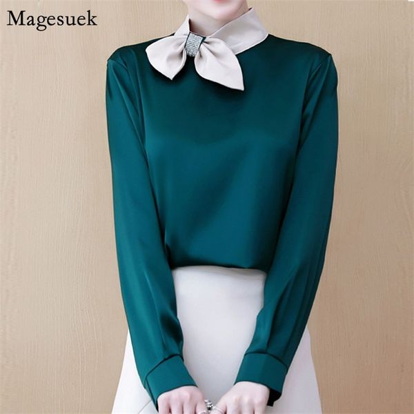 

autumn satin women and blouses silk office lady shirt long sleeve solid slim blouse with bow blusas 10548 210512, White