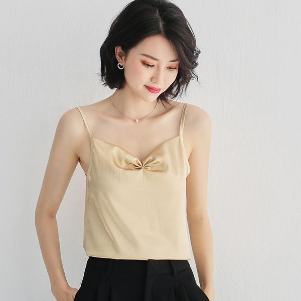 

acetate satin outer wear camisole pajamas women's spring and summer bow tie v-neck slim body bottoming beautiful back tanks & camis, White