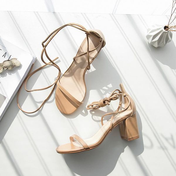 

summer women sandals cross straps high heel shoes 6.5cm open toe narrow band lace-up elegant beach, Black