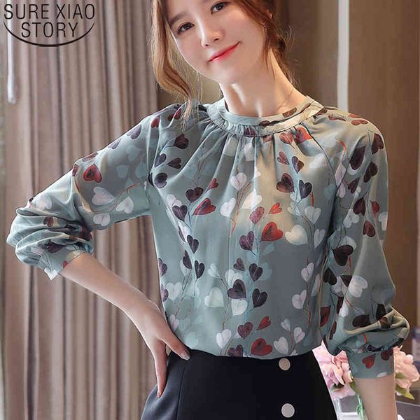 Frauen Print Shirts Casual Süße Herbst Grün Seide Chiffon Damen Tops und Blusen Langarm Shirt Blusas 10741 210417