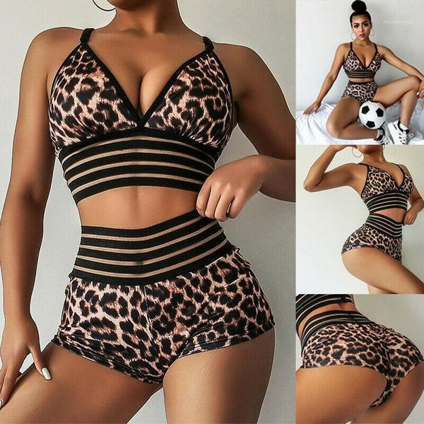 

womens leopard bikini set high waist swimwear sports yoga fitness shorts women's, White;black