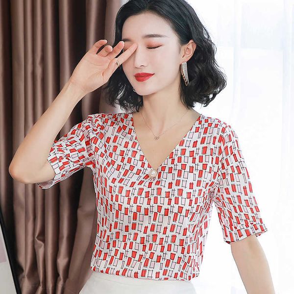 

korean fashion silk women blouses v-neck satin shirt woman print plus size blusas mujer de moda ol 210604, White