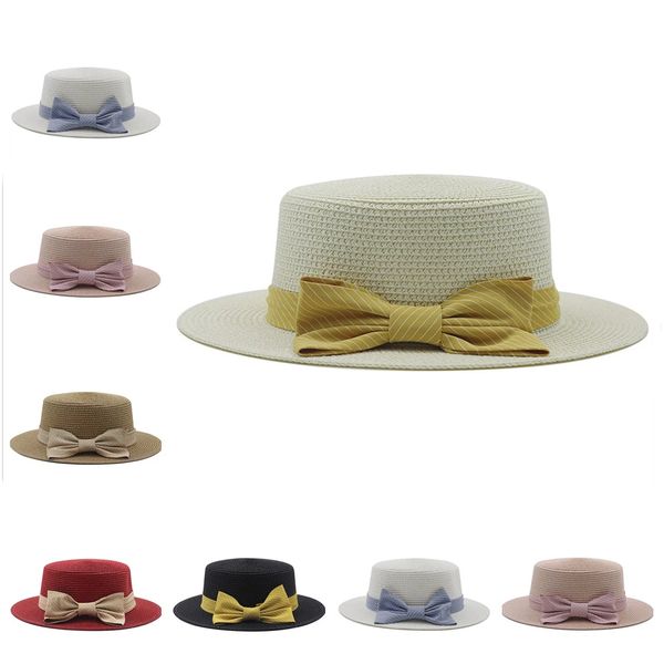 

2021 panama straw hats simple summer beach hat female casual lady women flat brim bowknot cap girls sun hat chapeu feminino, Blue;gray
