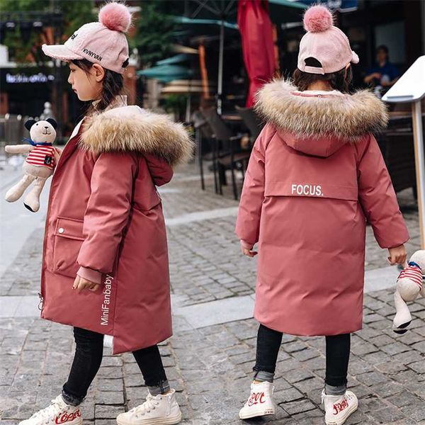 Russo inverno para baixo jaqueta para meninas roupas parka pele real com capuz impermeável snowsuit -30 graus casacos para crianças tz553 211222