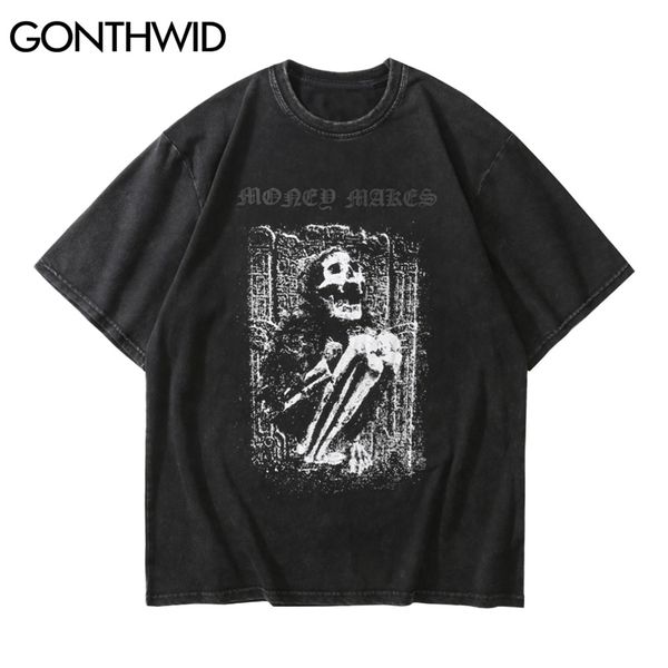 Gonthwid Streetwear Sıkıntılı T-Shirt Hip Hop İskelet Kafatası Kısa Kollu Tişörtleri Punk Rock Gotik Tees Gömlek Harajuku Tops 210707