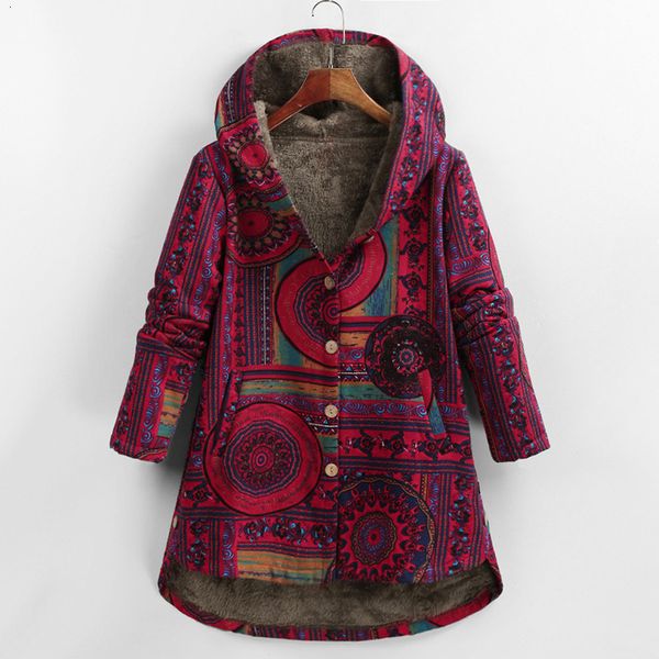 

Women's Down & Parkas Women Hooded Faux Fur Coat Winter Jacket Geometric Print Button Long Sleeve Pockets Cotton Parka Plus Size UUAA, Black