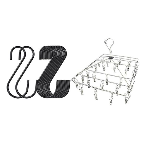 

30pcs black s hooks,metal hooks can withstand up to 65 pounds & 1x clothes drying rack for laundry,clothes racks rails