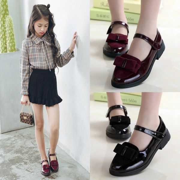 

flat shoes princess kids leather for girls glitter butterfly knot dress banquet party children high heel shoe sandals, Black;grey