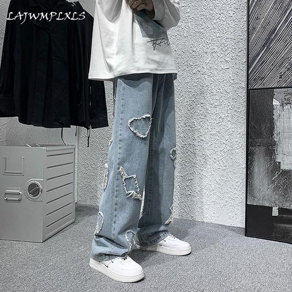

men's jeans hip hop ripped loose embroidery cloth straight leg distressed patch denim pants streetwear 2021 men, Blue