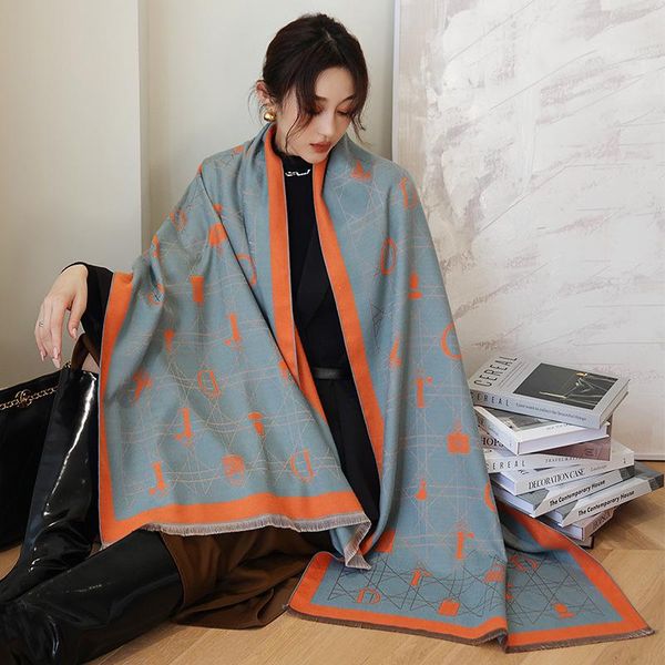 

scarves autumn and winter imitation cashmere scarf women's fashion double-sided thickening long shawl decoration to keep warm, Blue;gray