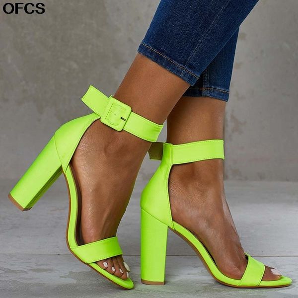 

sandals high heel women summer fluorescent green peep toe buckle strap ankle-wrap ladies casual shoes size 35-42 kcvy, Black