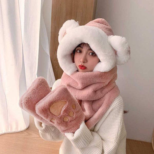 

2021 winter cute cartoon bear scarf hat glov three piece female rabbit fur scarf set, Blue;gray