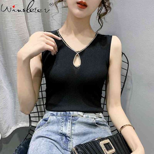 

women's tanks & camis summer european clothes slim vest fashion hollow out shiny diamonds women sleeveless bottoming shi, White