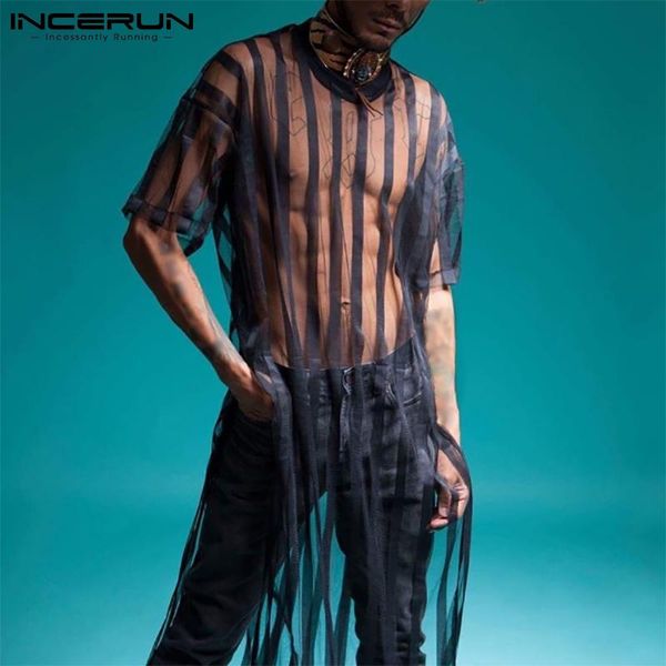 

fashion men mesh t shirt transparent striped short sleeve long 2021 party nightclub t-shirts streetwear s-5xl men's, White;black