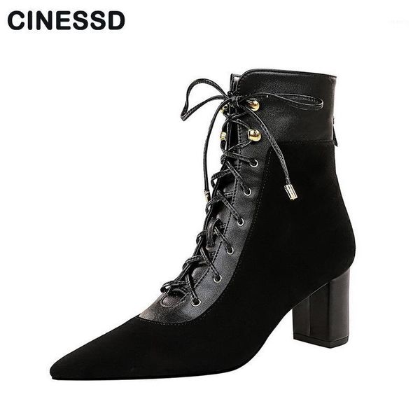 

boots pointed toe thick heel women black suede fashion retro lace-up 6.5cm high-heeled winter shoes1