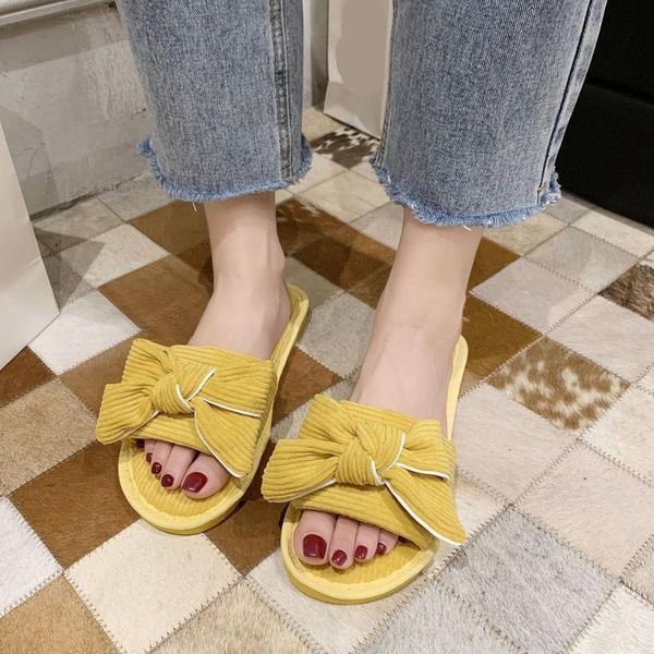 

butterfly-knot shoes woman 2021 female slippers flock low pu slides basic rubber light hoof heels fabric, Black