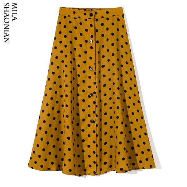 

skirts spring dot print midi womens vintage skirt yellow green elastic waist long loose pleated female 2021, Black