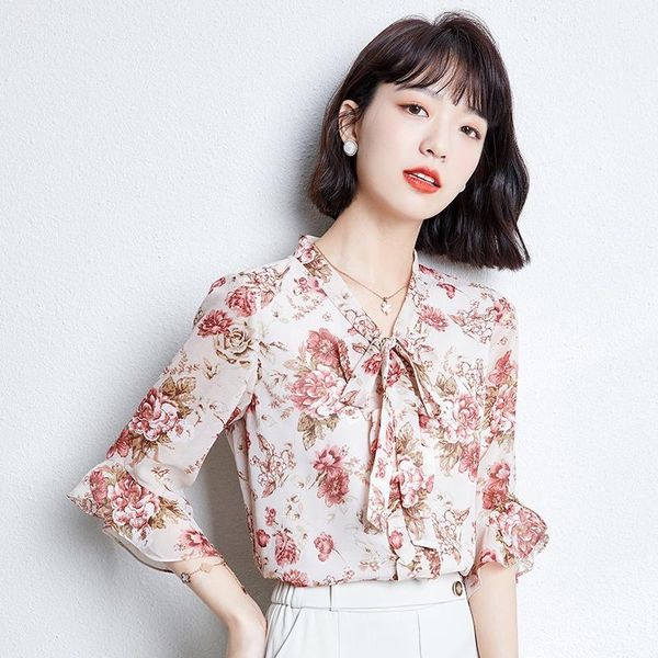 

women's blouses & shirts summer v-neck chiffon shirt fashion bowknot short sleeve printed womens blusas femininas, White