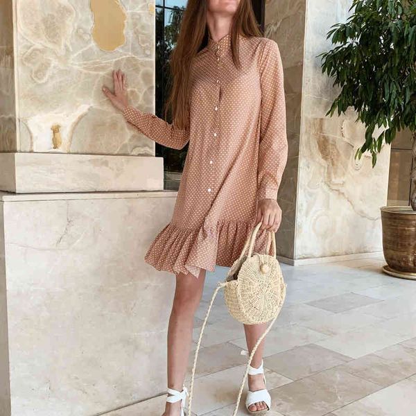 

women casual polka dot printed mini dress autumn spring stand neck ruffles pink dress long sleeve elegant loose trending dress 210412, Black;gray