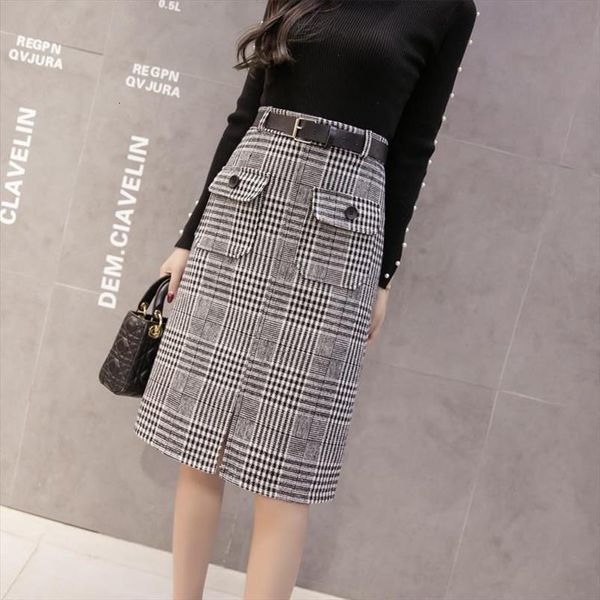 

with belt autumn winter womens skirt houndstooth split long woolen tartan mujer faldas saias mulher, Black