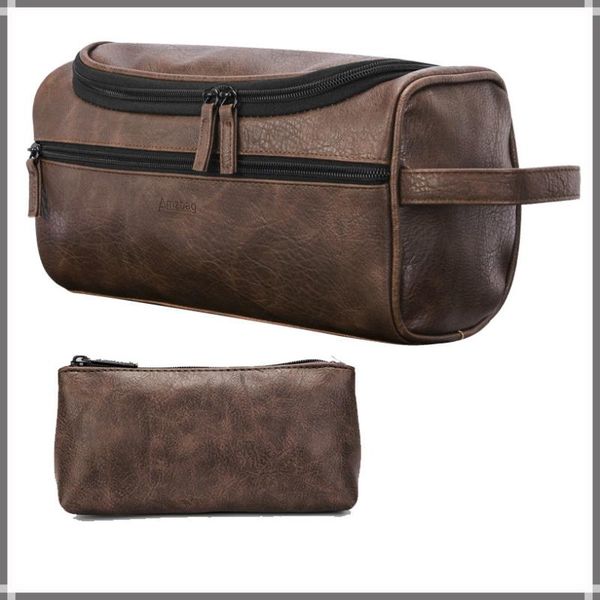 

men's vintage pu leather washing storage bag large & portage hanging makeup toiletry travel cosmetic bags cases
