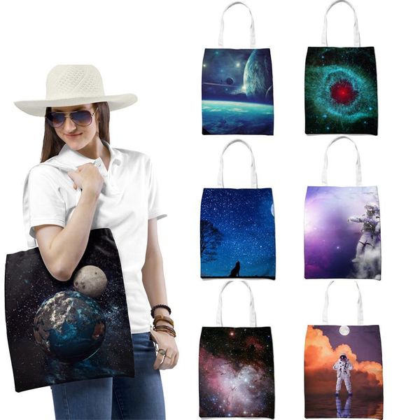 

storage bags beautiful starry sky printing fashion tote shopper bag women canvas casual foldable shopping beach daily handbag