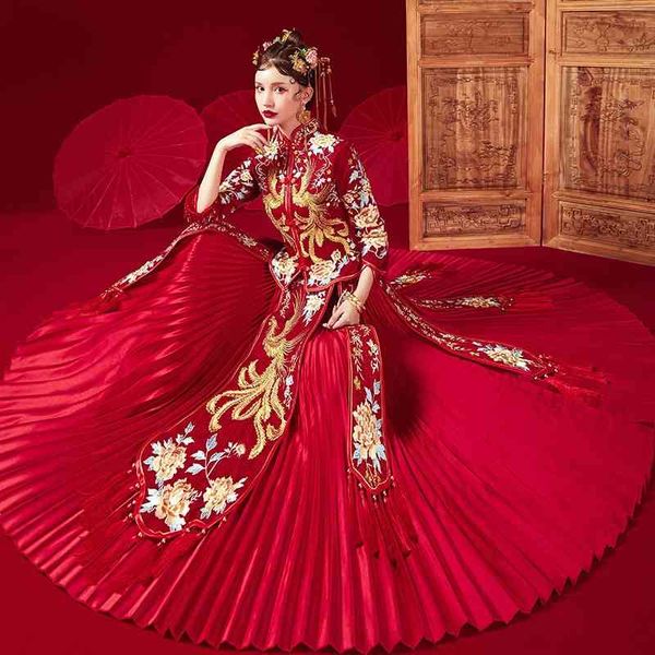 

bride 2021 new wedding chinese style pavilion toast dragon and phoenix coat female hexiu xiuhe dress, White;black