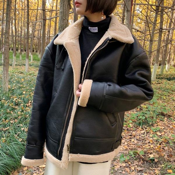 

men's down & parkas winter jacket men warm fashion thick leather streetwear loose lamb fur coat mens short motorcycle outwear, Black
