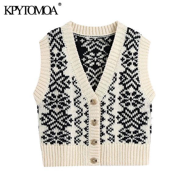 

women fashion button-up printed knitted vest sweater vintage v neck sleeveless female waistcoat chic 210416, White;black