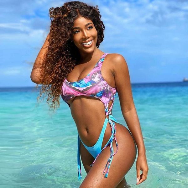 

leaf printed one piece swimsuit women hollow out swimwear tassel bathing suit beachwear swimming monokini one-piece suits