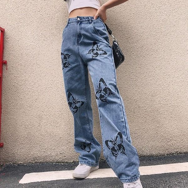 

women's jeans vintage women long trousers cowboy female loose streetwear butterfly print pants, Blue