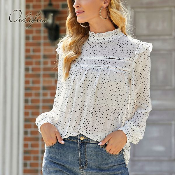 

summer fashion women polka dot chiffon shirt long sleeve draped see through hollow party blouse 210415, White