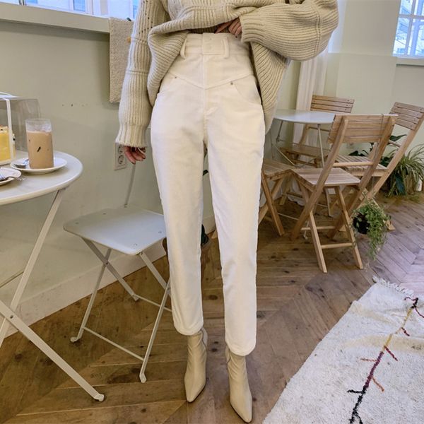 

elegant formal high waist harem corduroy pants women white bottoms ol solid vintage fashion suit trousers female 210421, Black;white