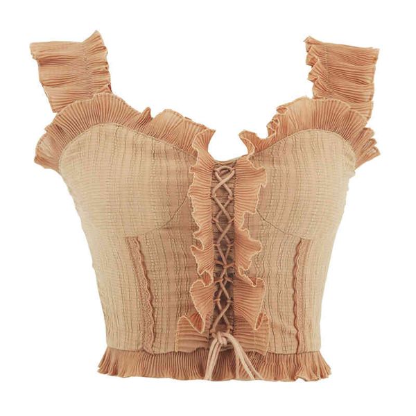 

white khaki ruffle v neck bodycon short sleeveless sarafan lace uptank women female solid b0136 210514