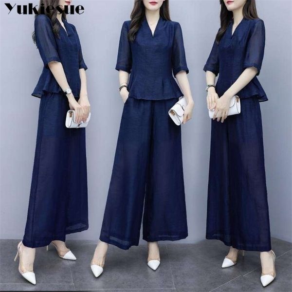 

summer 2 two piece short sleeve blouse wide leg pants set women clothes ensemble femme sets s club outfits for 210518, White