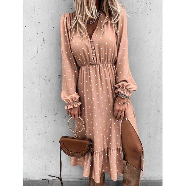 

women v neck polka dot ruffles long puff sleeve dress autumn casual split long dresses female boho elegant maxi party vestidos 210416, Black;gray