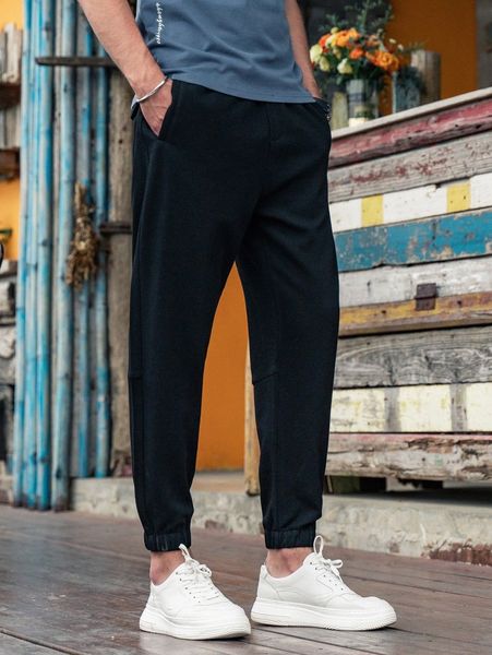 

men solid pocket side sweatpants a34y#, Black